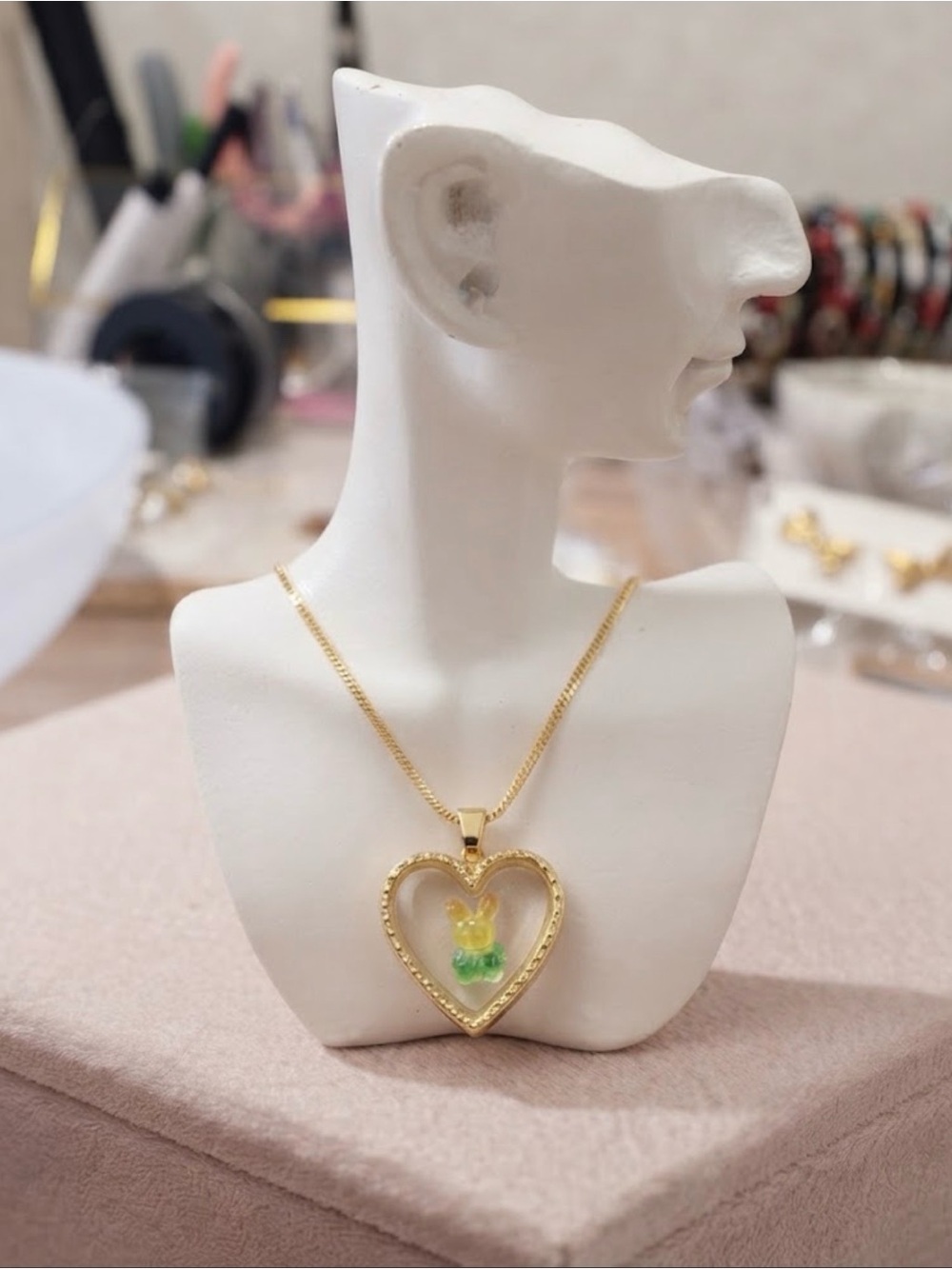 Gold Heart Pendant Necklace with Yellow-Green Bunny Charm